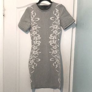 Grey floral knit bodycon dress.